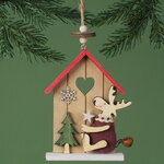 Деревянная елочная игрушка Праздничный домик Оленя с елочкой 15 см, подвеска