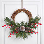 Венок декоративный Сказка заснеженный 25 см с шишками и ягодами, ПВХ