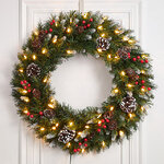 Венок с лампочками Сказка заснеженный 60 см с шишками и ягодами, 50 теплых белых LED ламп, ПВХ