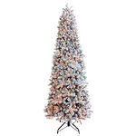 Искусственная стройная елка с гирляндой Джорджия Slim заснеженная 228 см, 2000 красных/теплых белых ламп, ЛИТАЯ + ПВХ