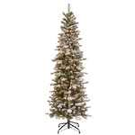 Искусственная елка с гирляндой Шеффилд заснеженная стройная 228 см, 450 теплых белых ламп, ЛИТАЯ + ПВХ