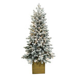 Искусственная елка с гирляндой Норфолк заснеженная 137 см в деревянном кашпо, 200 теплых белых ламп, ЛИТАЯ + ПВХ
