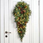 Настенный хвойный декор с лампочками Капля Еловая с шишками 91 см, 50 теплых белых LED ламп, ПВХ