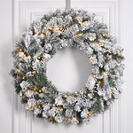 Венок с лампочками Шеффилд заснеженный 61 см, 50 теплых белых LED ламп на батарейках, ЛИТАЯ + ПВХ