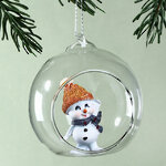 Шар с композицией Снеговичок Билли в оранжевой шапочке 9 см, стекло, подвеска