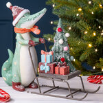 Новогодняя фигурка Крокодил - Санта с санками 22 см