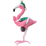 Елочная игрушка Фламинго Санта 14 см в зеленом колпачке, подвеска