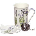 Подарочный набор Лавандовая Гармония: фарфоровая кружка + ситечко для чая и подставка