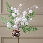 Декоративная ветка Elnora с белыми ягодами 35 см, заснеженная