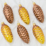 Набор стеклянных елочных игрушек Шишки Декоративные 10 см золотой с коричневым, 6 шт