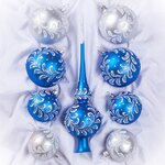 Набор стеклянных елочных шаров с верхушкой Утренний синий