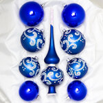 Набор стеклянных елочных шаров с верхушкой Метелица синий