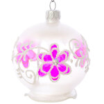 Стеклянный елочный шар Цветочный узор 75 мм прозрачный с розовым