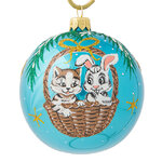 Стеклянный елочный шар Зодиак - Кот и Кролик в корзинке 8 см бирюзовый