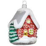 Стеклянная елочная игрушка Домик - Почта 8.5 см красный, подвеска