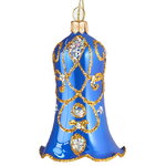 Стеклянная елочная игрушка Колокольчик Вензель 8 см синий, подвеска