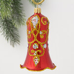 Стеклянная елочная игрушка Колокольчик Вензель 8 см красный, подвеска