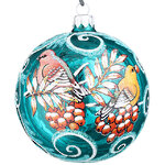 Стеклянный елочный шар Щуры на ветке рябины 10 см бирюзовый