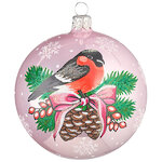 Стеклянный елочный шар Снегирь 9 см розовый