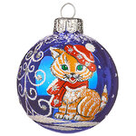Стеклянный елочный шар Зодиак - Котенок Шарль в шарфике 6 см синий