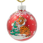 Стеклянный елочный шар Зодиак - Тигренок Джимми с елочкой 6 см красный