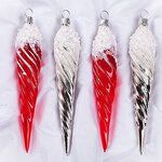 Набор елочных игрушек Сосульки Рифленые 15 см серебряные с красным, 4 шт, стекло, подвеска