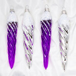 Набор елочных игрушек Сосульки Рифленые 15 см серебряные с фиолетовым, 4 шт, стекло, подвеска