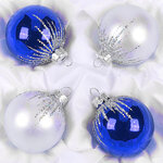 Набор стеклянных елочных шаров Капельки 4*62 мм белый с синим
