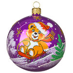 Стеклянный елочный шар Мишка на Санках 8 см фиолетовый