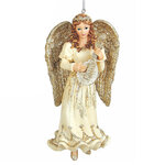 Елочная игрушка Прекрасный Золотистый Ангел с музыкальным инструментом рыжая 13 см, подвеска