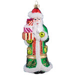 Стеклянная елочная игрушка Дед Мороз в узорной шубе с подарками 14 см, подвеска
