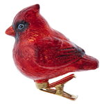 Стеклянная елочная игрушка Птичка Кардинал - Пушистик Джоджи 6 см, клипса