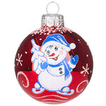 Стеклянный елочный шар Снеговичок 6 см красный